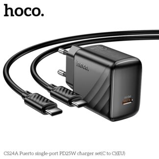 Hoco CS24A PD 25W Fast Charger With 25W Type c to Type c Data Cable EU Plug 25W Samsung Charger Support All SmartPhone Fast Charger Samsung Charger 25watt Charger With Cable - Blac
