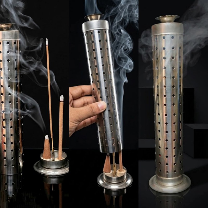 1 ps - Safety Stainless Steel Agarbatti Stand | Incense Stick Stand Holder with Ash Catcher & Dhoop Holder on Top for Home, Office & Temple