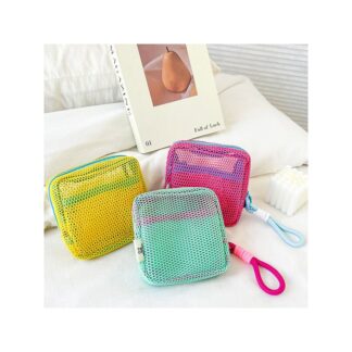 1 Pcs Travel Portable Mesh Makeup Storage Bag Mini Square Travel Toiletry Gadget, Power bank, Mobile Pouch and Coin Purse with Wristlet Strap for Women